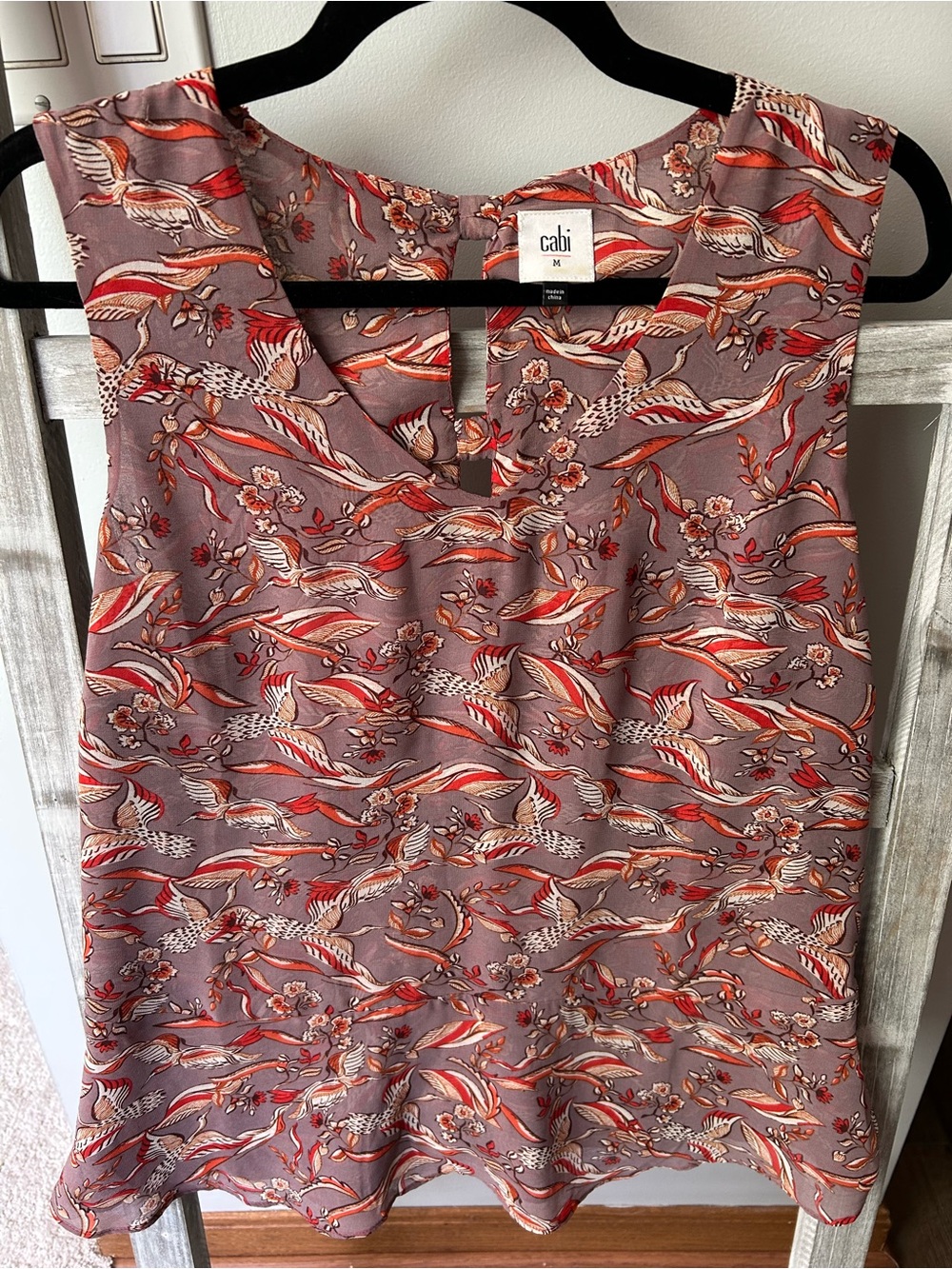 CAbi Mauve Floral-Print Sleeveless Camisole with Red Accents